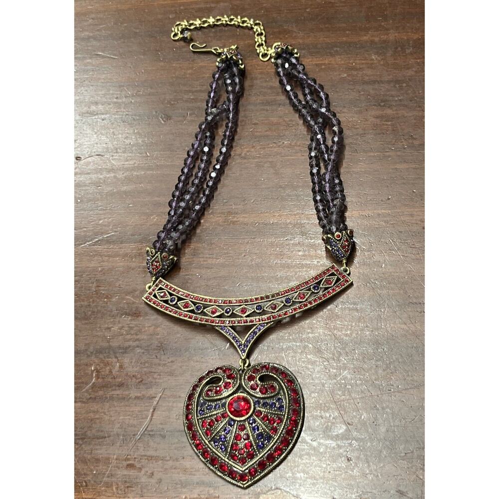 Heidi Daus Heart Pendant Necklace Jeweled Purple Beaded Crystal Red Rhinestones